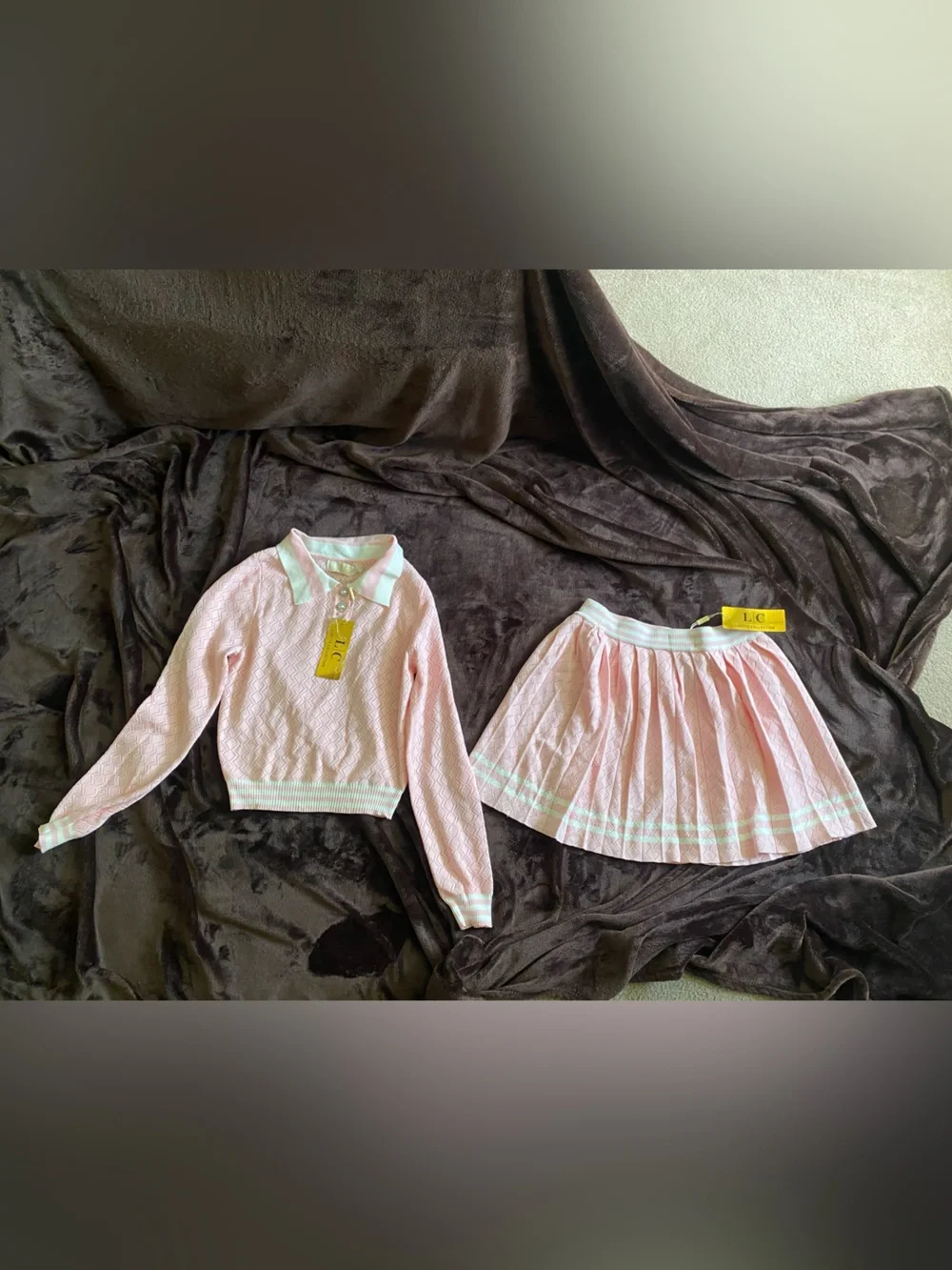 Light Pink Collared Knit Top & Pleated Skirt Set